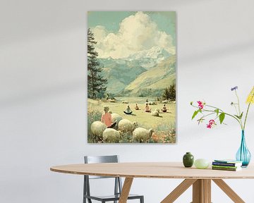 Mouton Yoga - Affiche de voyage rétro Humour sur BowiScapes Art Abstrait  et digital