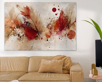 Herfstlicht Schilderij – Abstracte Veren en Verfspatten van Joriali Abstract