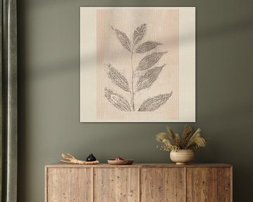 Delicate leaves in taupe on soft pink. Minimalist botanical by Dina Dankers