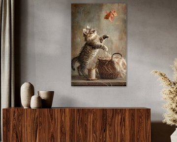 Kitten with Falling Leaves - Atmospheric Autumn Still Life by Joriali photography and paintings
