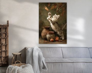 Herfststilleven met Kitten, Aardewerken Potten en Perziken van Joriali fotografie en schilderijen