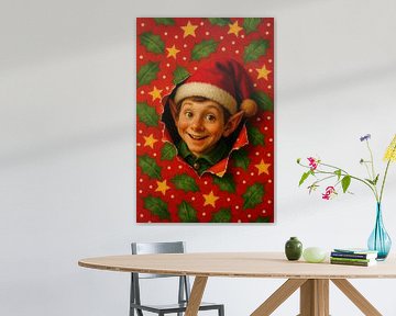 Kerstelf kijkt vrolijk door gescheurd papier van But First Framing