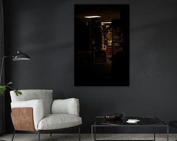 A closed shop at night.