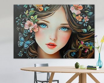 Meisje bloemen | Meisje met grote ogen van Blikvanger Schilderijen