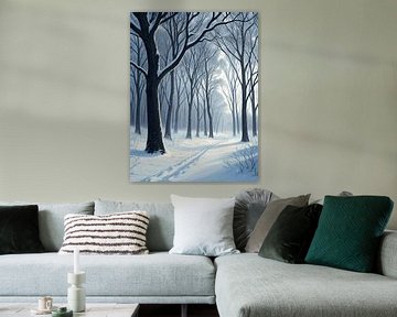 Fluisteringen van Winter's Vrede: Een sereen besneeuwd bospad badend in zacht zonlicht, dat rust en de stille schoonheid van de bevroren omhelzing van de natuur oproept. van Artistic
