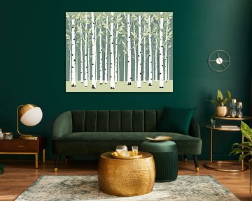 Serene Birch Forest: A Minimalist and Modern Art Print of a Tranquil Woodland Scene with Light Green and Sage Leaves by Artistic