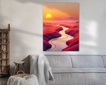 Sereniteit bij zonsopgang: Een kronkelende rivier door de karmijnrode woestijn van Artistic