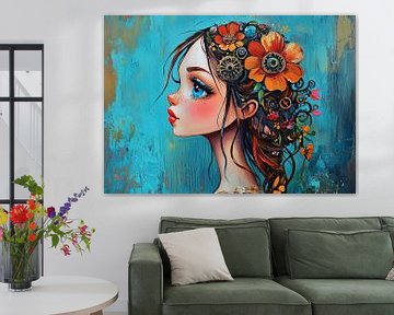 Meisje met bloemen | Vrolijk meisje met bloemen in haar haar van Blikvanger Schilderijen