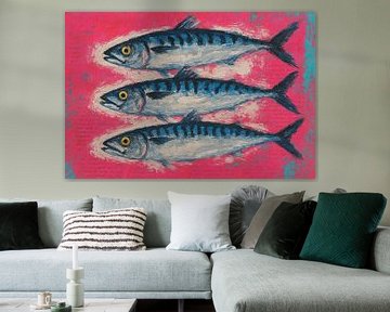 Drie makrelen op roze (AI) (vissen, oude krant, kleurrijk, keuken, opvallend, schilderij, restaurant, gewaagd, vrolijk, blikvanger, gedurfd) van Natalie Bruns