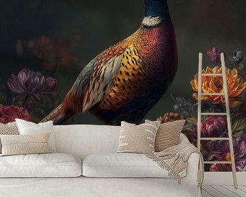 Colourful Fasant - Bird with Flowers | Flower art for on the wall by Danny van Eldik - Perfect Pixel Design