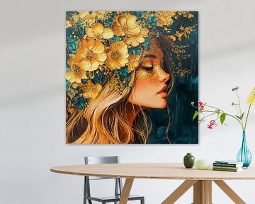 Goud Gezicht | Vrouw met Gouden Bloemenportret van Blikvanger Schilderijen
