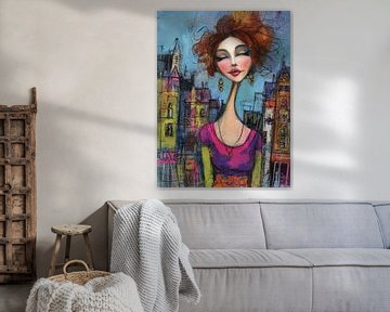 Vrouw met kleurrijke kleding van Abstract Schilderij