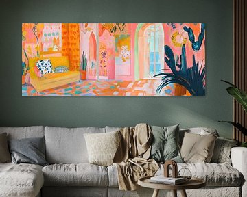 Peinture de jardin d'été avec banc jaune
