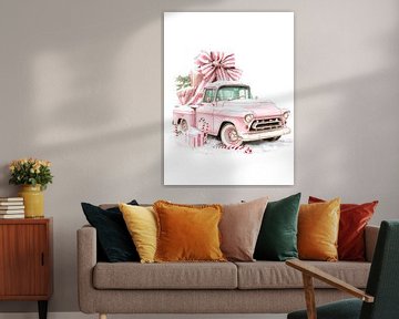 Retro pick-up truck met kerstcadeaus in pasteltinten van But First Framing