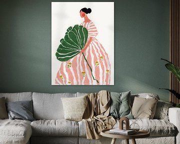 Woman in striped dress with green leaves