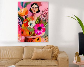 Woman with colourful flowers in lively painting style