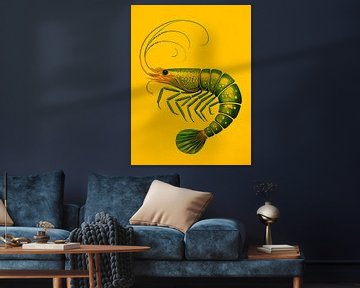 Illustration d'une crevette abstraite dans les tons chauds jaune et vert sur STUDIO MINIMAL ART