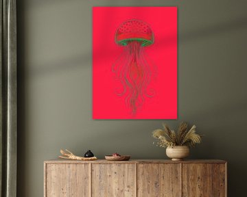 Illustration abstraite d'une méduse de mer en rose corail foncé sur STUDIO MINIMAL ART