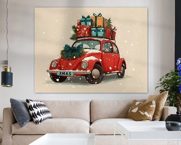 Vintage kerstauto met stapel cadeaus in de sneeuw van But First Framing