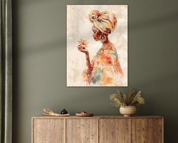 Vrouw met kleurrijke hoofddoek en bloem in aquarelstijl