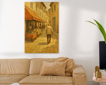 Marktdag in een zonnig dorp (zomers, schilderij, dikke verf, zomers, vakantiegevoel, vrolijk, sfeer, aardetinten, mensen, Italie, Mediterrane)