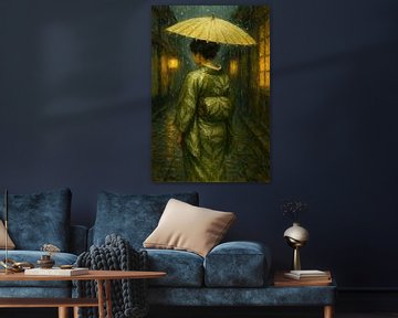 Geisha in de regen bij avondlicht (Kimono, wandeling, Japanse, steeg, parasol, avond, nacht, donker, oosters, schilderij, dikke verf) van Natalie Bruns