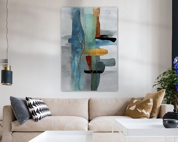 Abstract schilderij in blauw, groen en roestbruin met gouden lijnen van Joriali Abstract