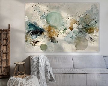 Abstrakte Malerei in Salbeigrün und Leinen - Organische Japandi-Komposition