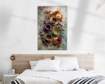 Teacups with Autumn Flowers - Colorful Top View by Joriali photography and paintings