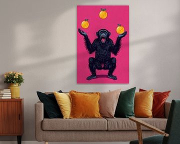 Chimpanzé jonglant avec trois pommes sur fond rose