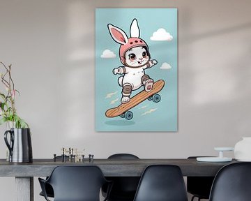 Cartoon-Hase auf Skateboard mit Helm und Schutzpolstern von Dante S