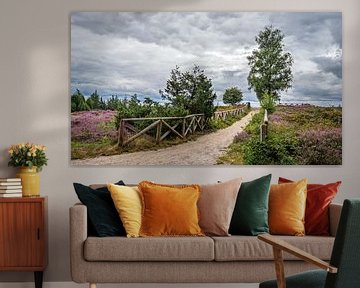 Pad met hekwerk Lemelerberg met bloeiende paarse heide van R Smallenbroek