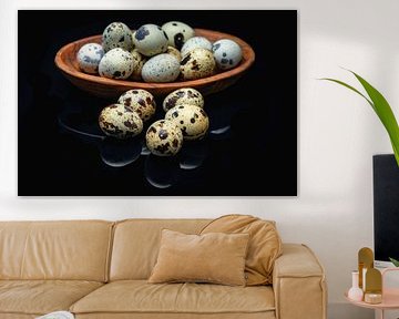 Quail eggs in olive wood bowl on mirror plate by Photo Art Thomas Klee