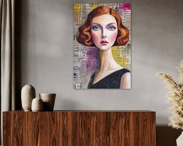 Portrait surréaliste d'une femme aux cheveux roux et aux yeux verts