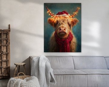 Kerst Highlander koe met hoed en lichtjes van But First Framing