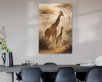 Giraffe en jong in de savanne