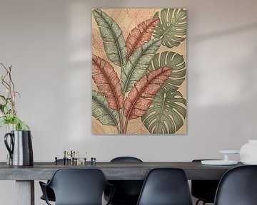 Vintage Tropische Banaan en Monstera Botanische Muur Kunst