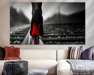 Stylish black and white photo with red heel - elegant wall decoration full of contrast