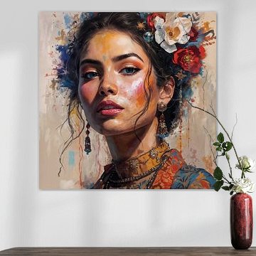 Een prachtig olieverfschilderij van een mooie vrouw