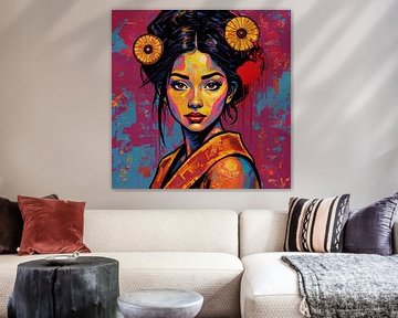 Modern pop-art portrait of an Asian woman in bright colours by Ljupka Kareska