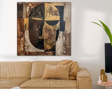 Abstract Tribal Mask in Earthy Shades with Gold by Digatelier