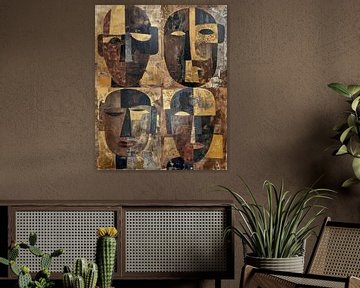 Quadruple Abstract Tribal Masks in Earth tones and Gold by Digatelier