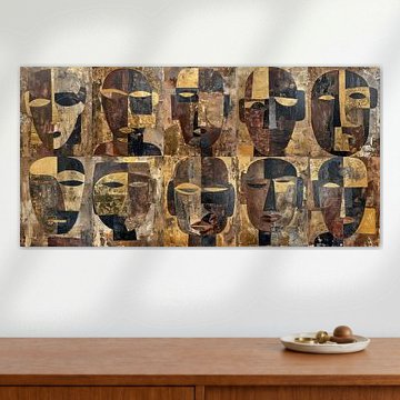 Abstrakte Stammesmasken aus zehn Tafeln in Erdtönen und Gold