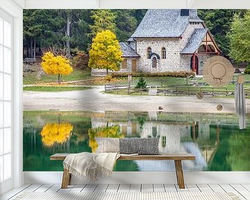 Small chapel at Lake Braies in autumn, South Tyrol by Christian Müringer