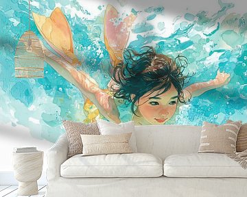 Mädchen schwimmt unter Wasser - Aquarellmalerei in Pastelltönen von Peter Pen Zeichnungen und Gemälde