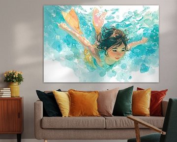 Meisje zwemt onder water – aquarel schilderij in pastel tinten van Peter Pen tekeningen en schilderijen