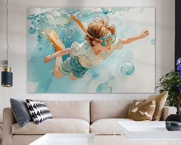 Jongen met snorkel – aquarel schilderij onder water avontuur van Peter Pen tekeningen en schilderijen