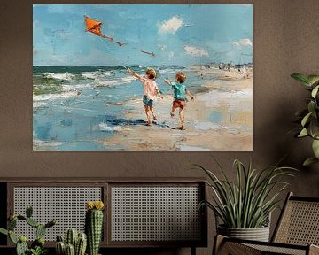Kinderen vliegeren op het strand – aquarel schilderij vakantiegevoel van Peter Pen tekeningen en schilderijen