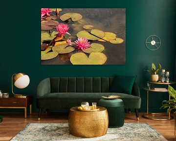fel roze waterlelie tussen de bladeren