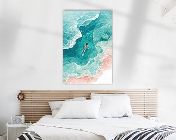 Blue Silence - Plongeur dans une mer tropicale avec vue sur l'oiseau sur Dessins et peintures de Peter Pen